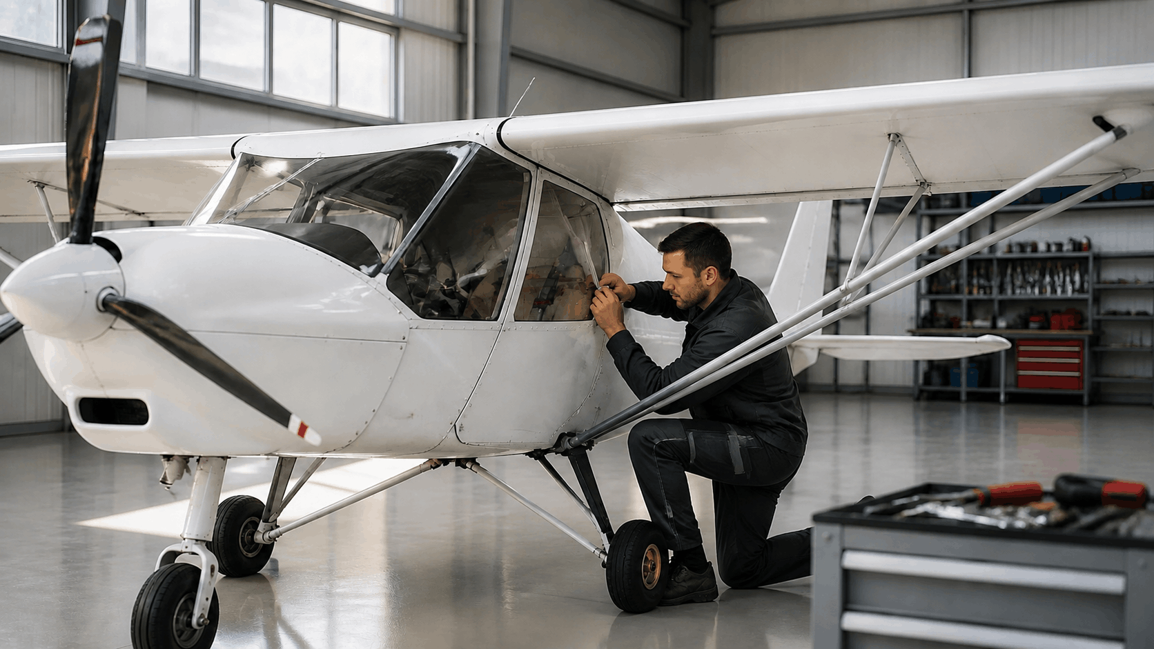 Mechanic inspecting an Ikarus C42-style aircraft during a pre-buy examination