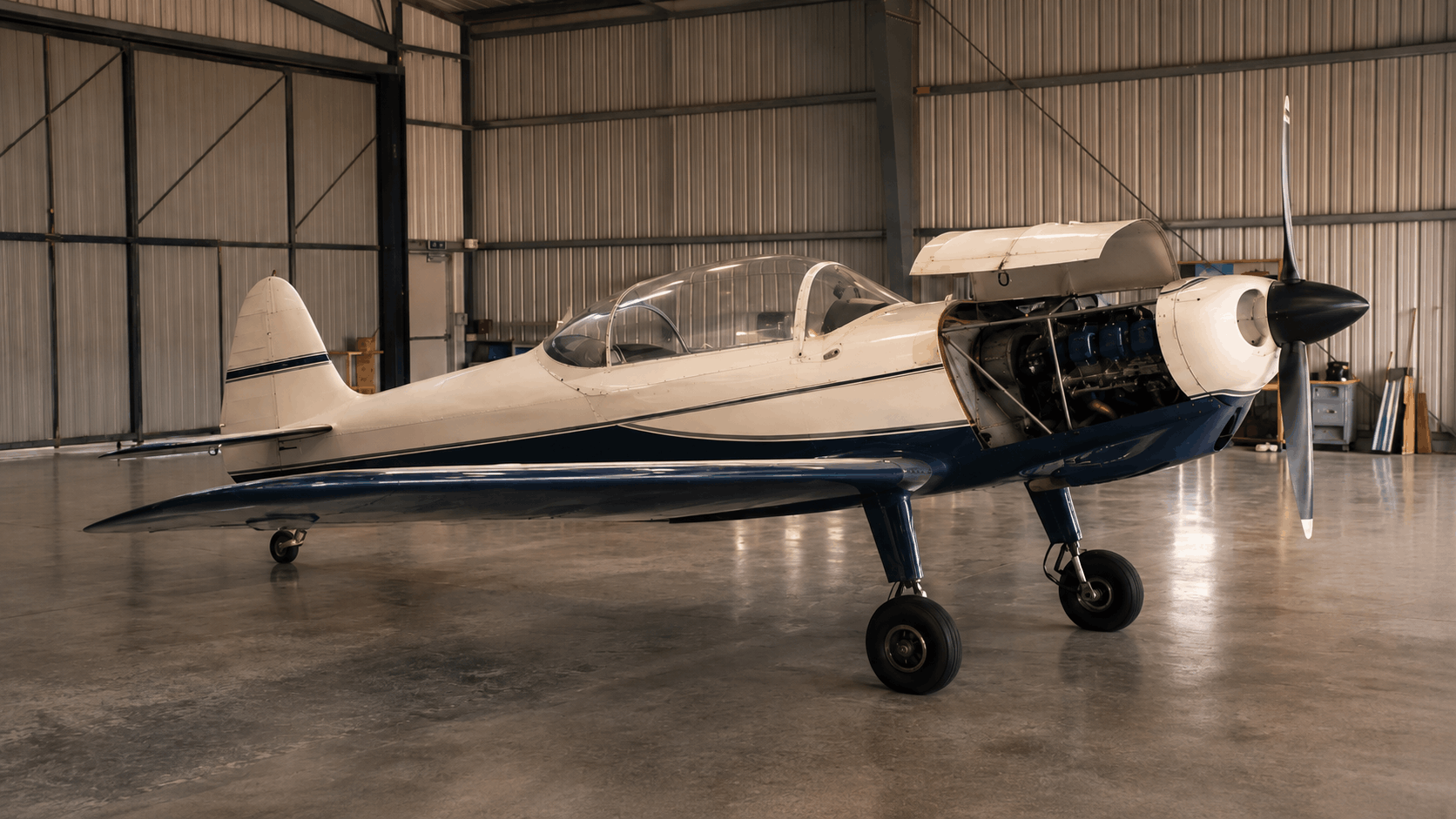 AI-generated UTVA Aero 3-style aircraft undergoing engine inspection inside a hangar