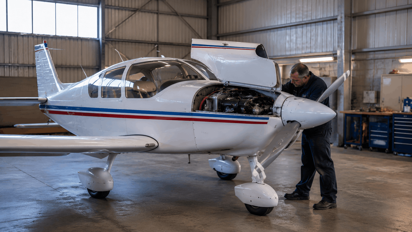 Technician inspecting the metal wing structure of a classic Robin HR100 aircraft