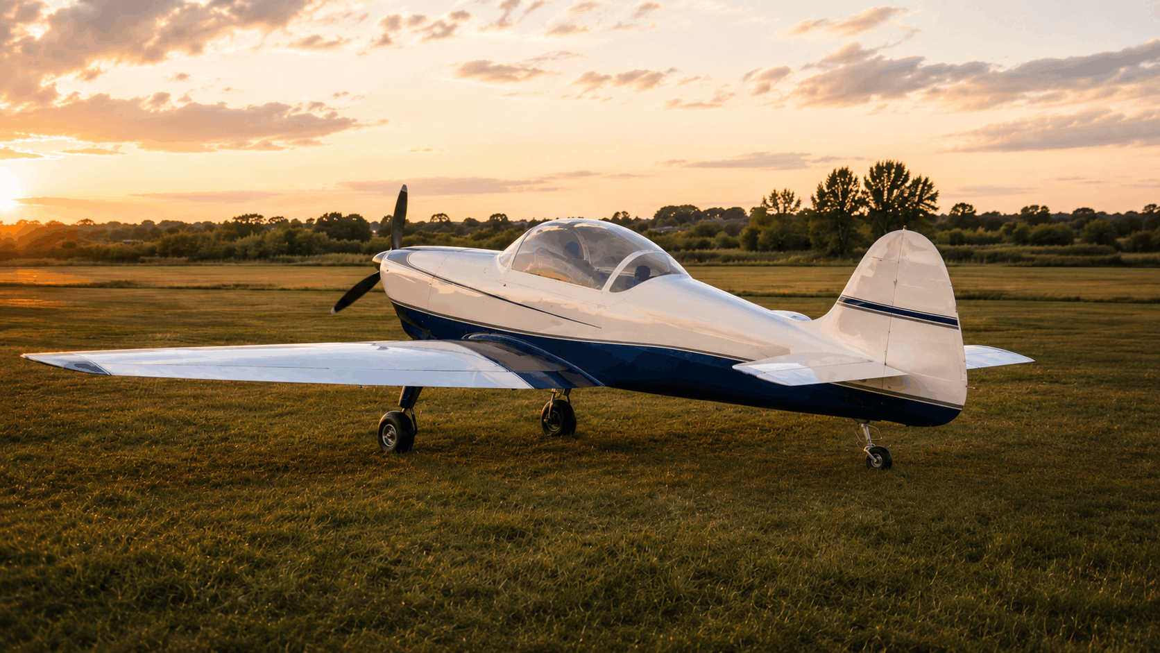 AI-generated rear three-quarter view of a UTVA Aero 3-style vintage trainer aircraft at sunset