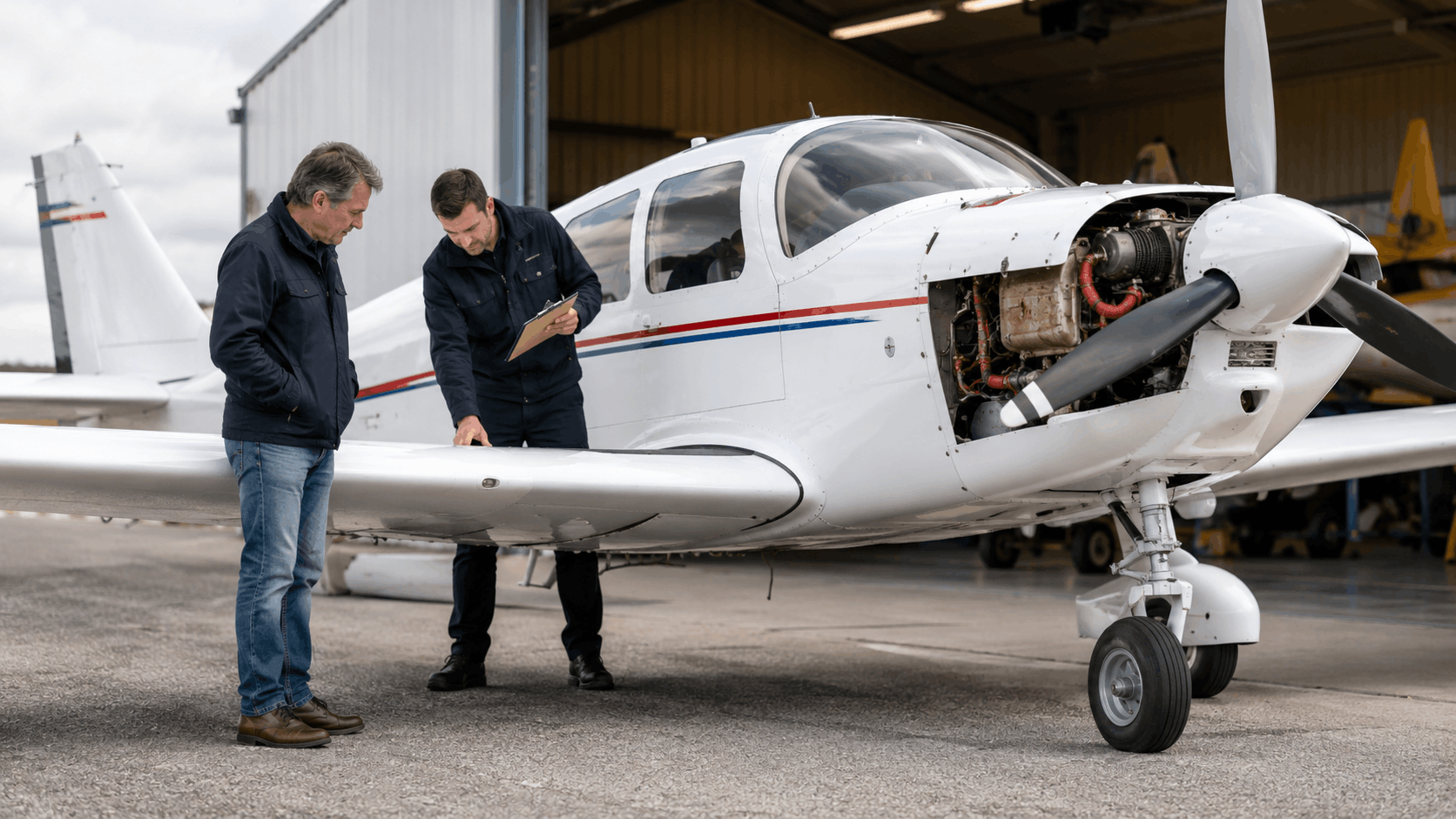 Buyer and inspector reviewing a Robin HR100-style aircraft during a pre-buy inspection