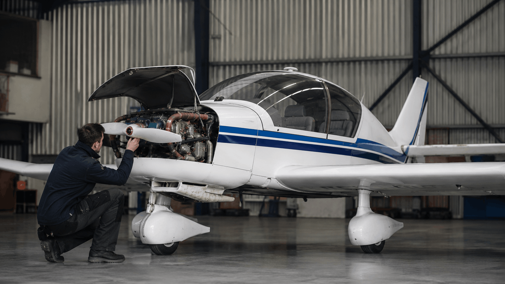 Technician examining wooden structure on a classic light aircraft