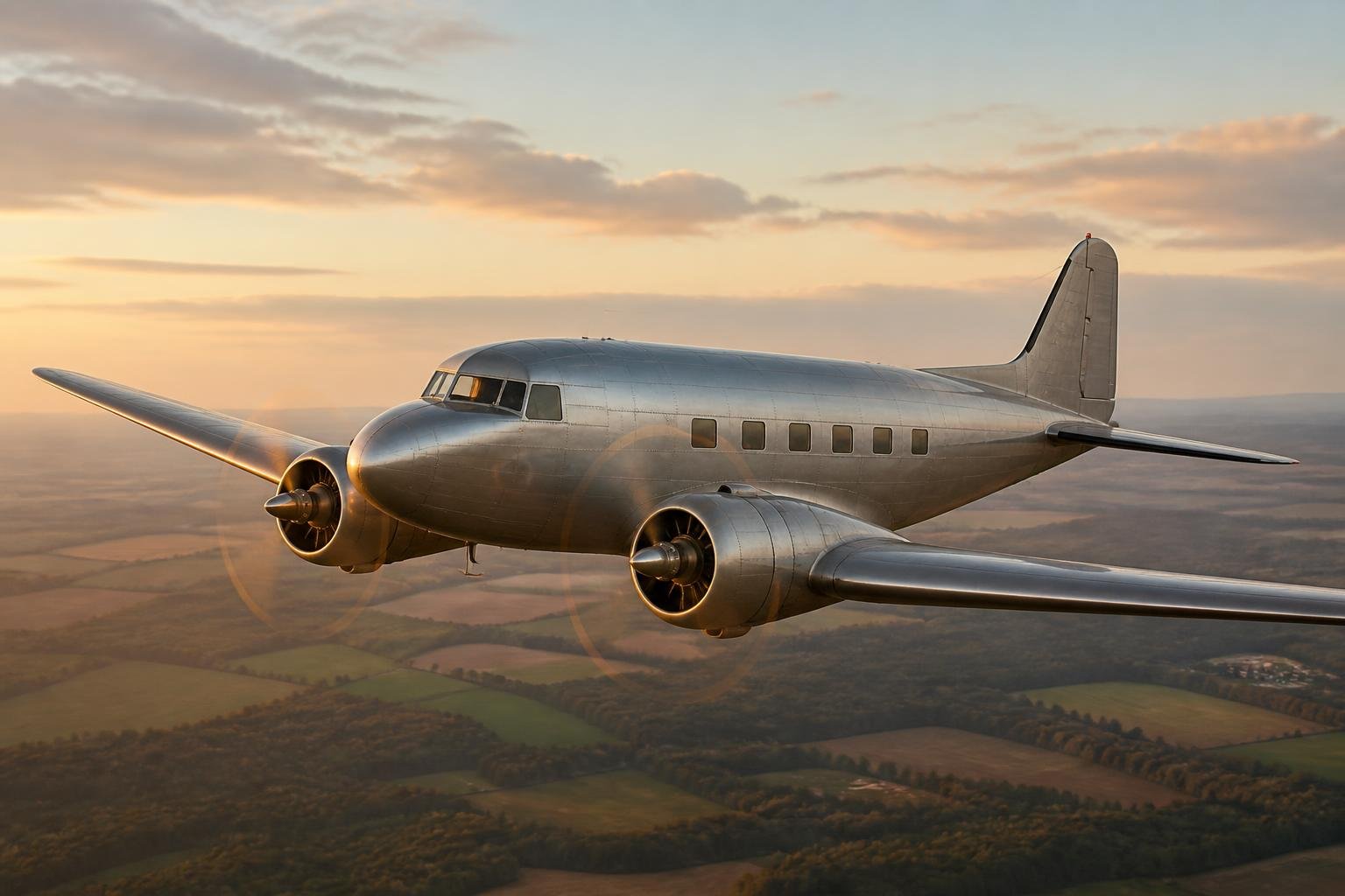 Historic-style twin-engine aircraft flying over countryside
