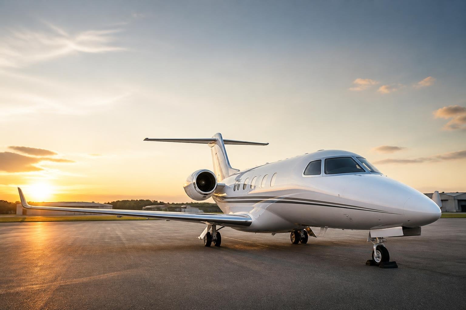 Cessna Citation Mustang parked on an executive airport apron at sunrise