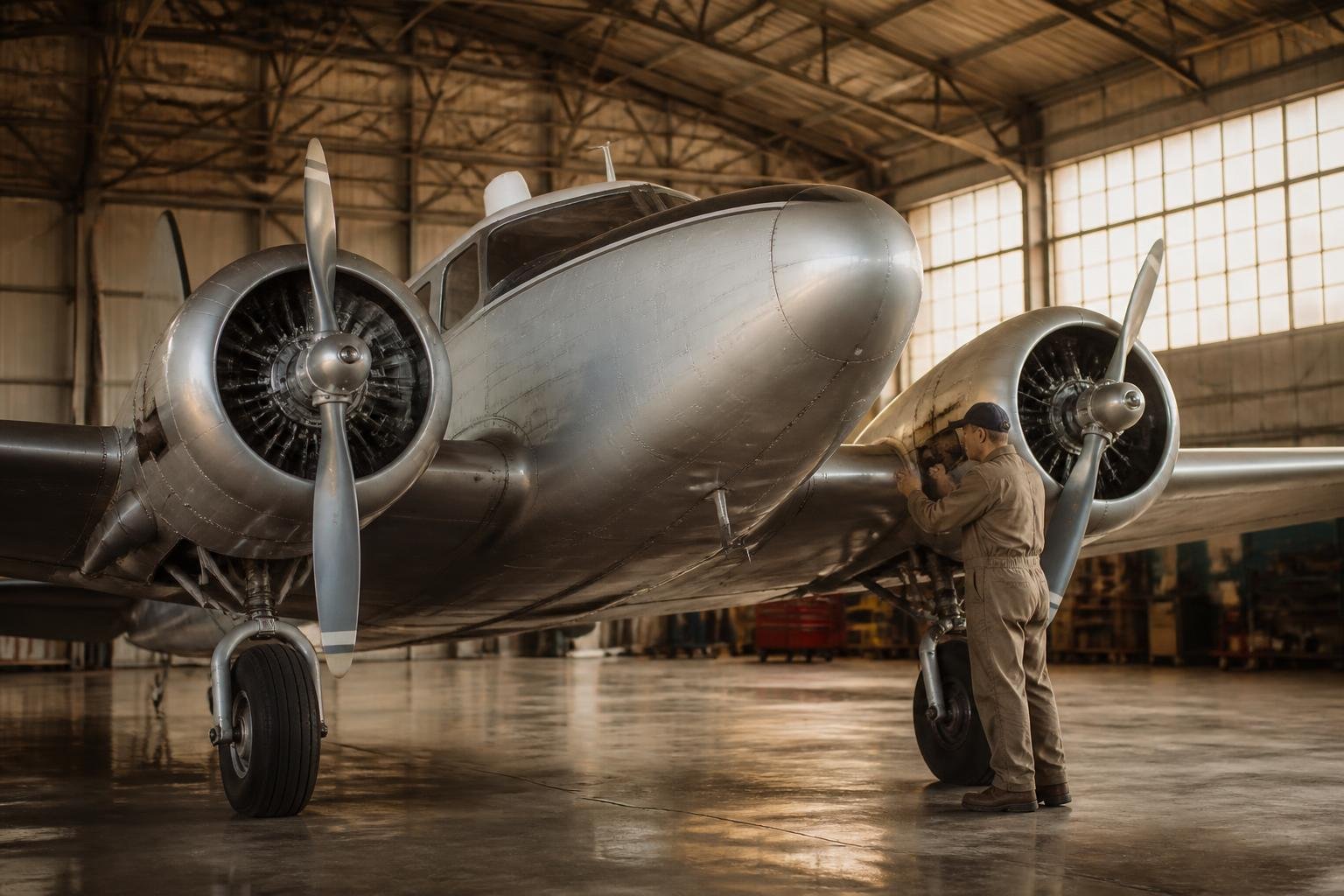 Pilot and mechanic inspecting a classic twin-engine aircraft in a hangar
