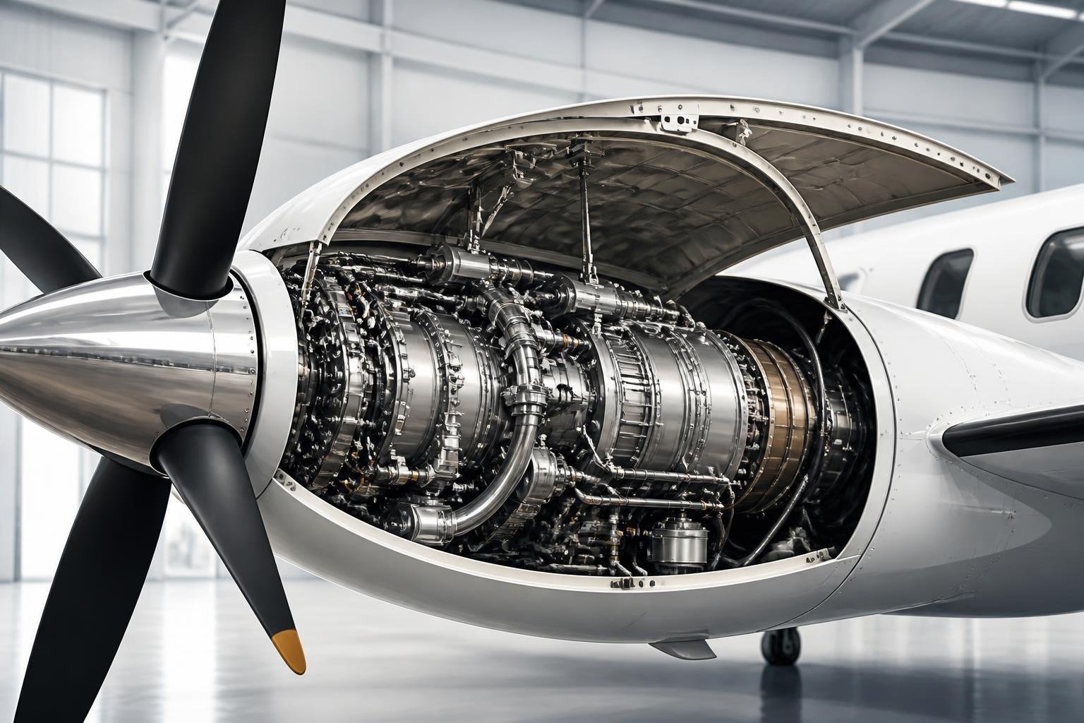A close-up technical illustration of a high-performance turboprop turbine engine.