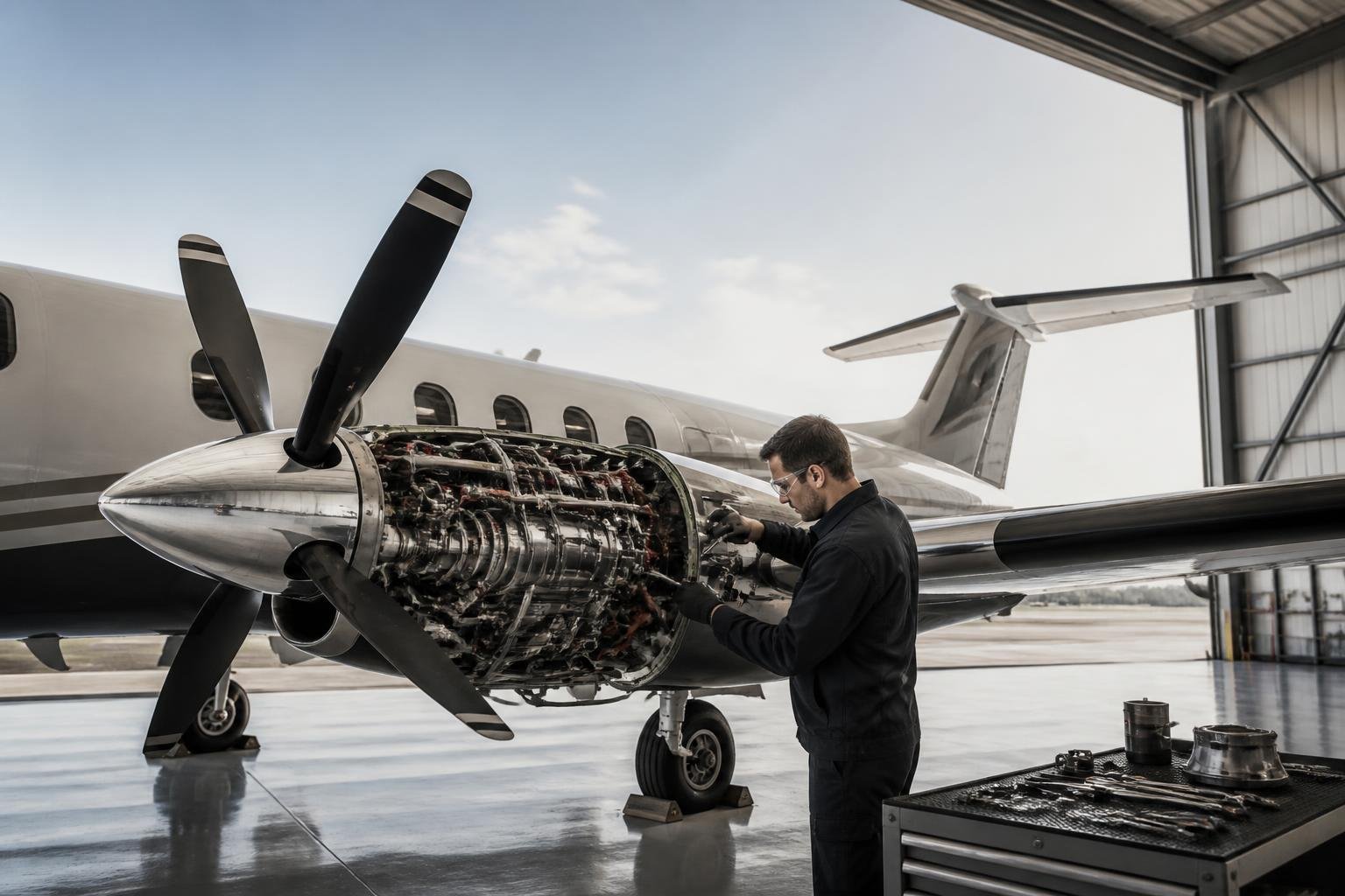 Technician inspecting a twin-turboprop aircraft engine in a hangar