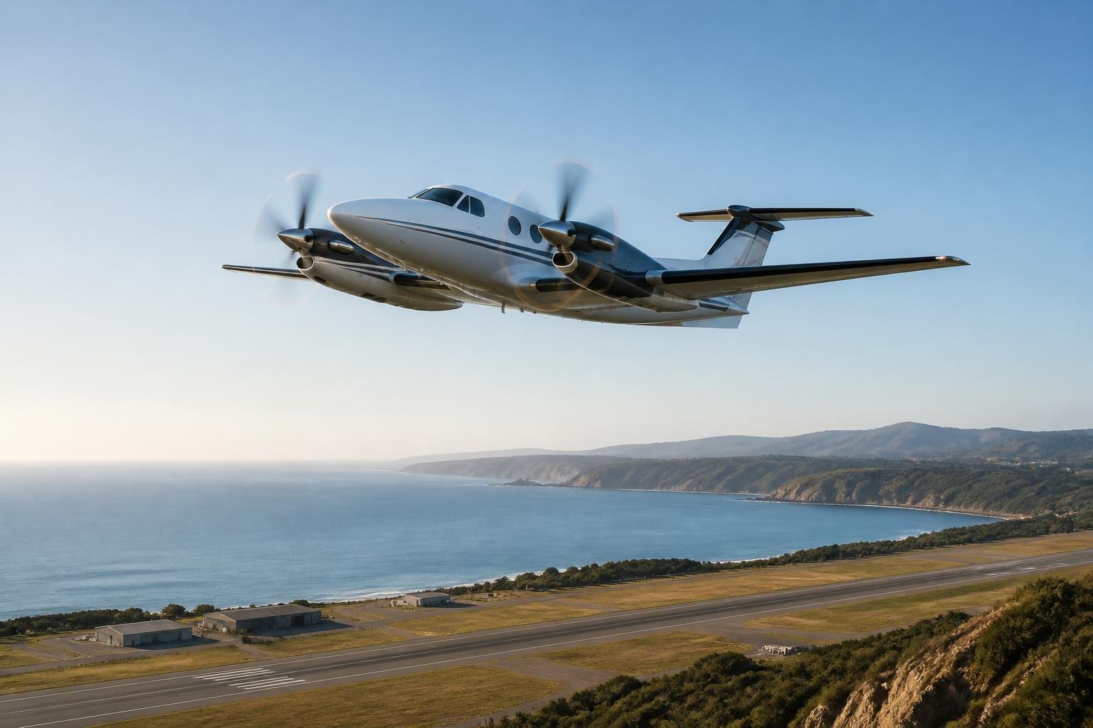 Twin-turboprop business aircraft departing a regional airport