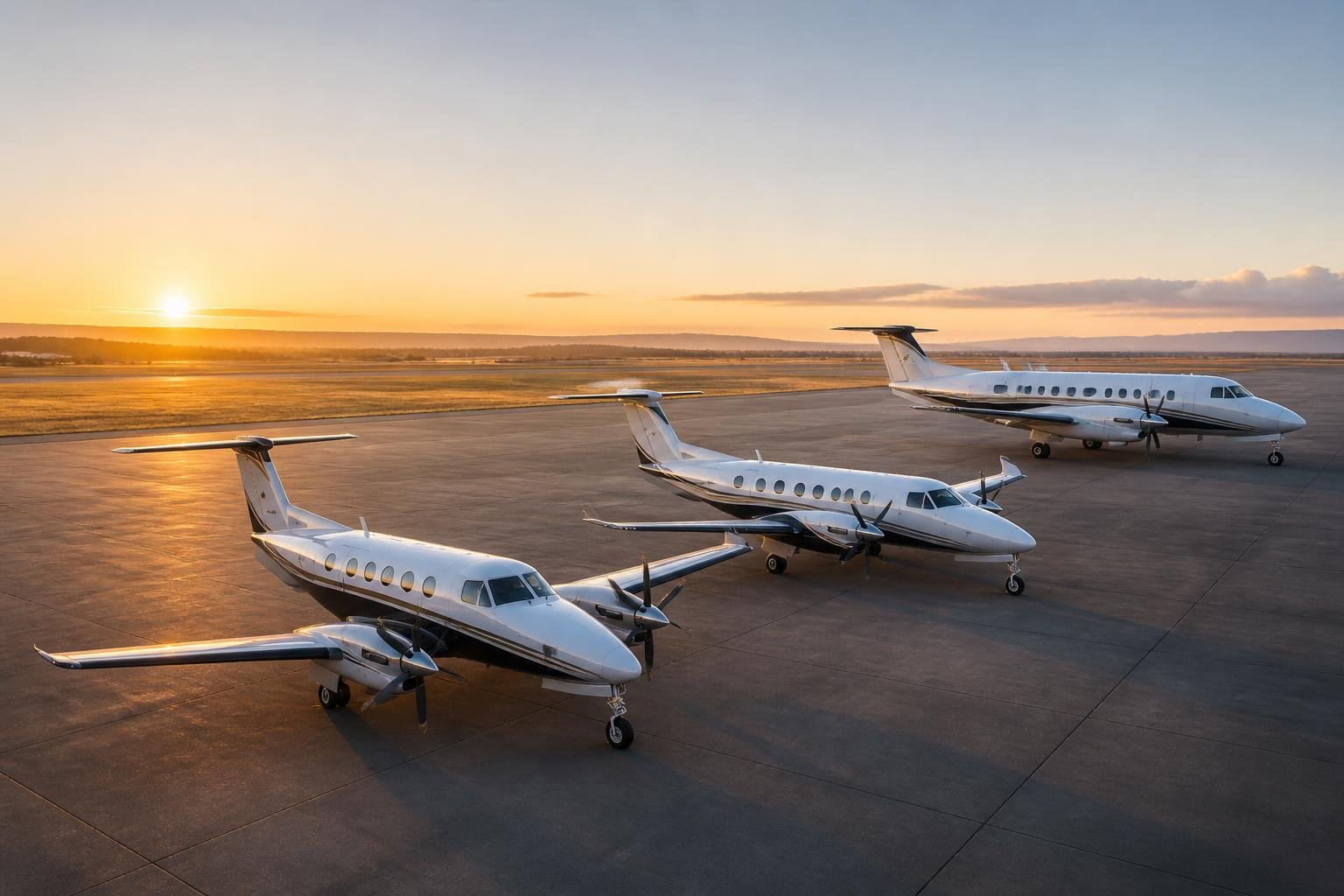 Twin-turboprop business aircraft on an executive airport ramp