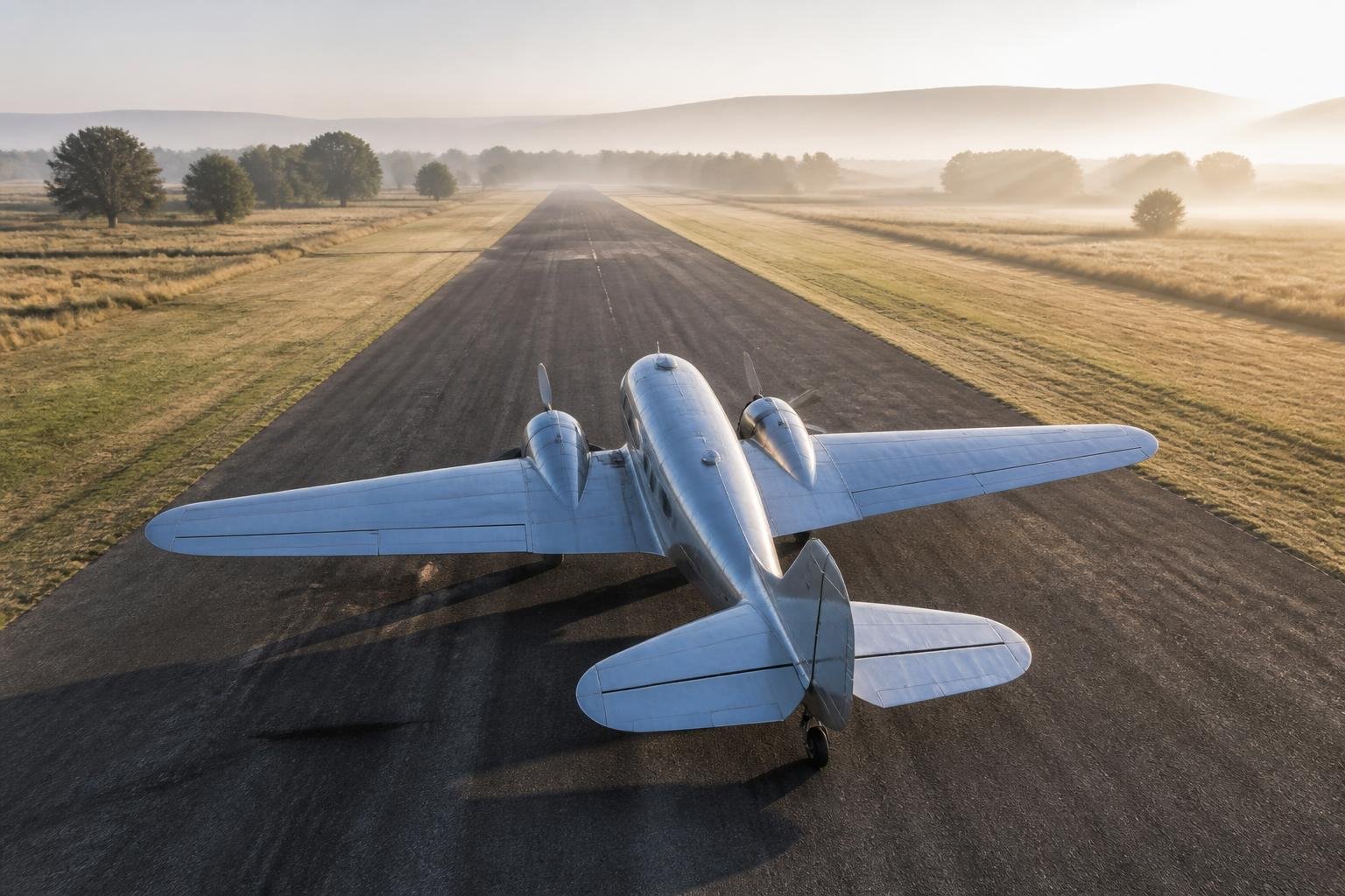 Classic twin-engine tailwheel aircraft on a rural runway