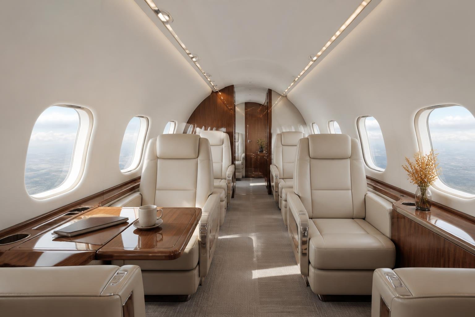 Executive cabin interior of a twin-turboprop business aircraft