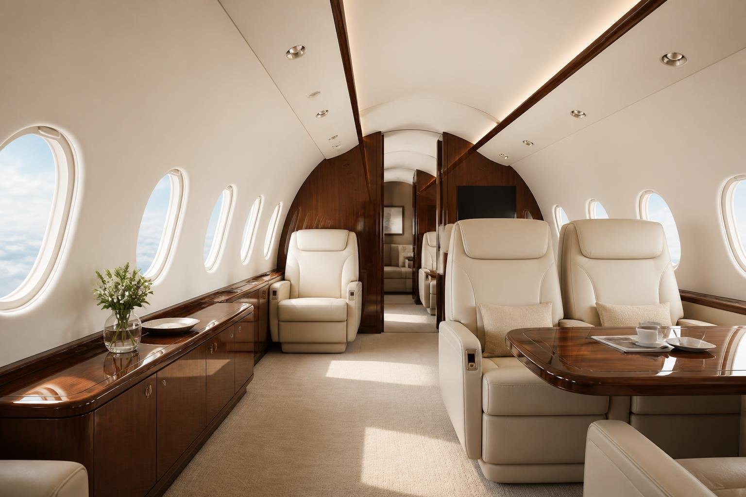 The luxurious interior cabin of a modern executive turboprop aircraft.