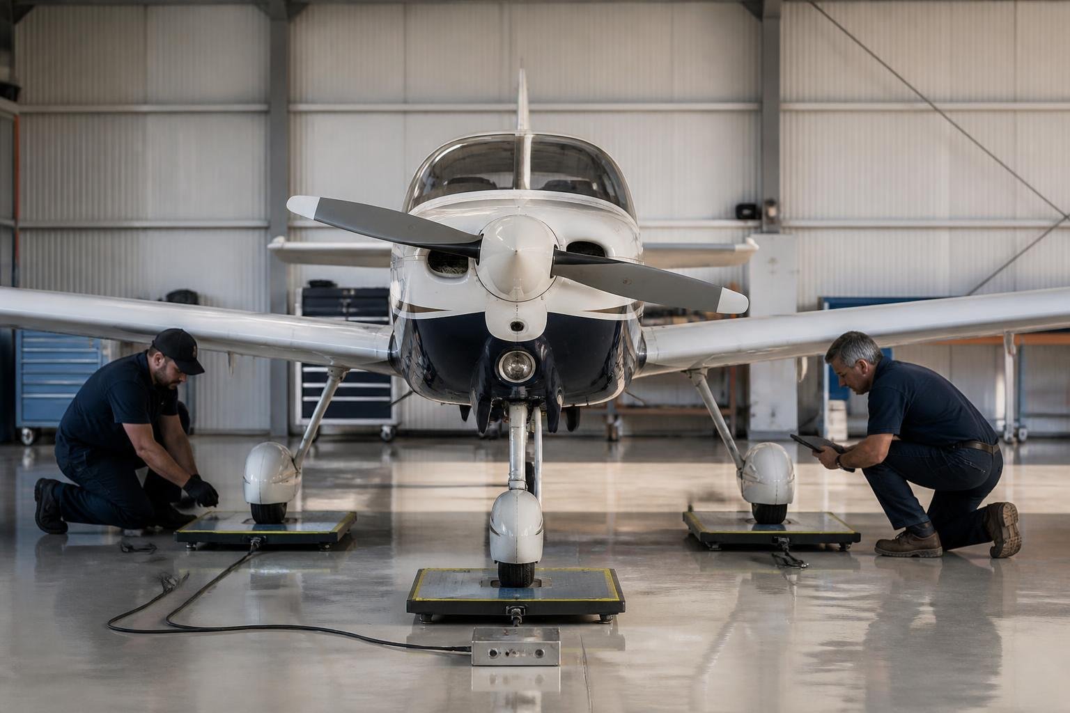 Light aircraft being weighed in a hangar