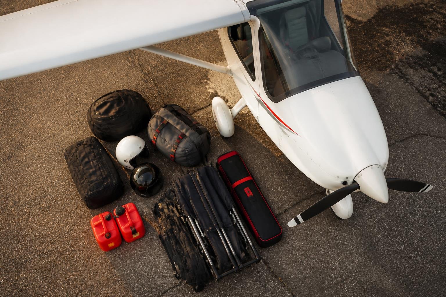 Equipment and baggage prepared for loading into an ultralight aircraft