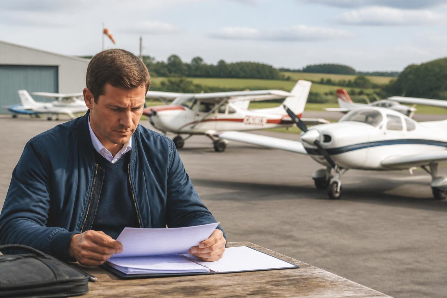 Pilot reviewing ultralight aircraft documentation at an airfield