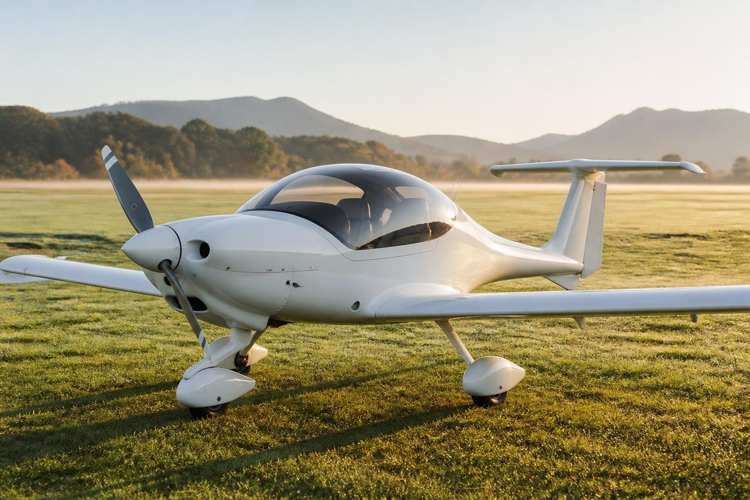 Modern two-seat ultralight aircraft at a European grass airfield