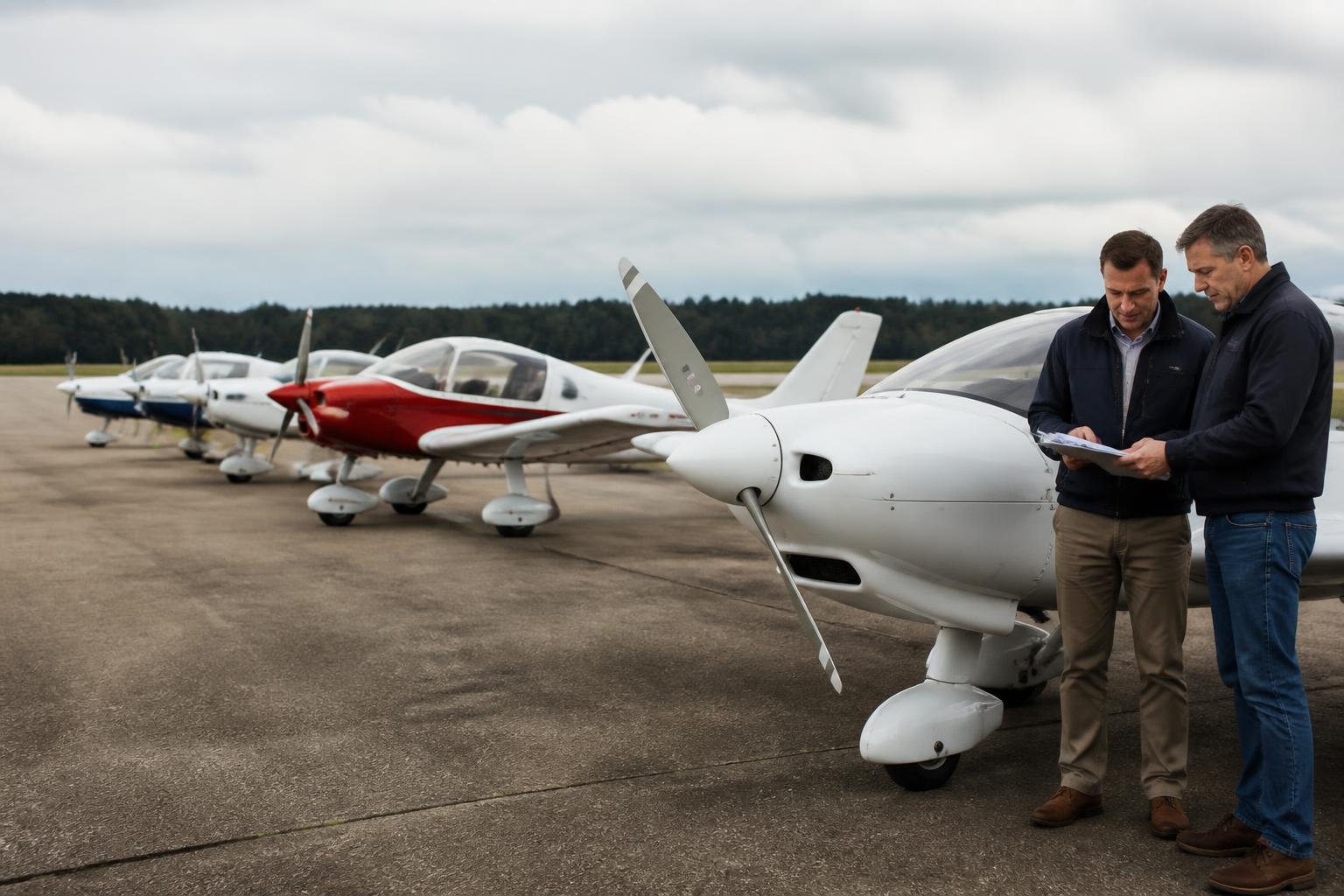 Buyer and inspector reviewing a classic aircraft at a general aviation airfield