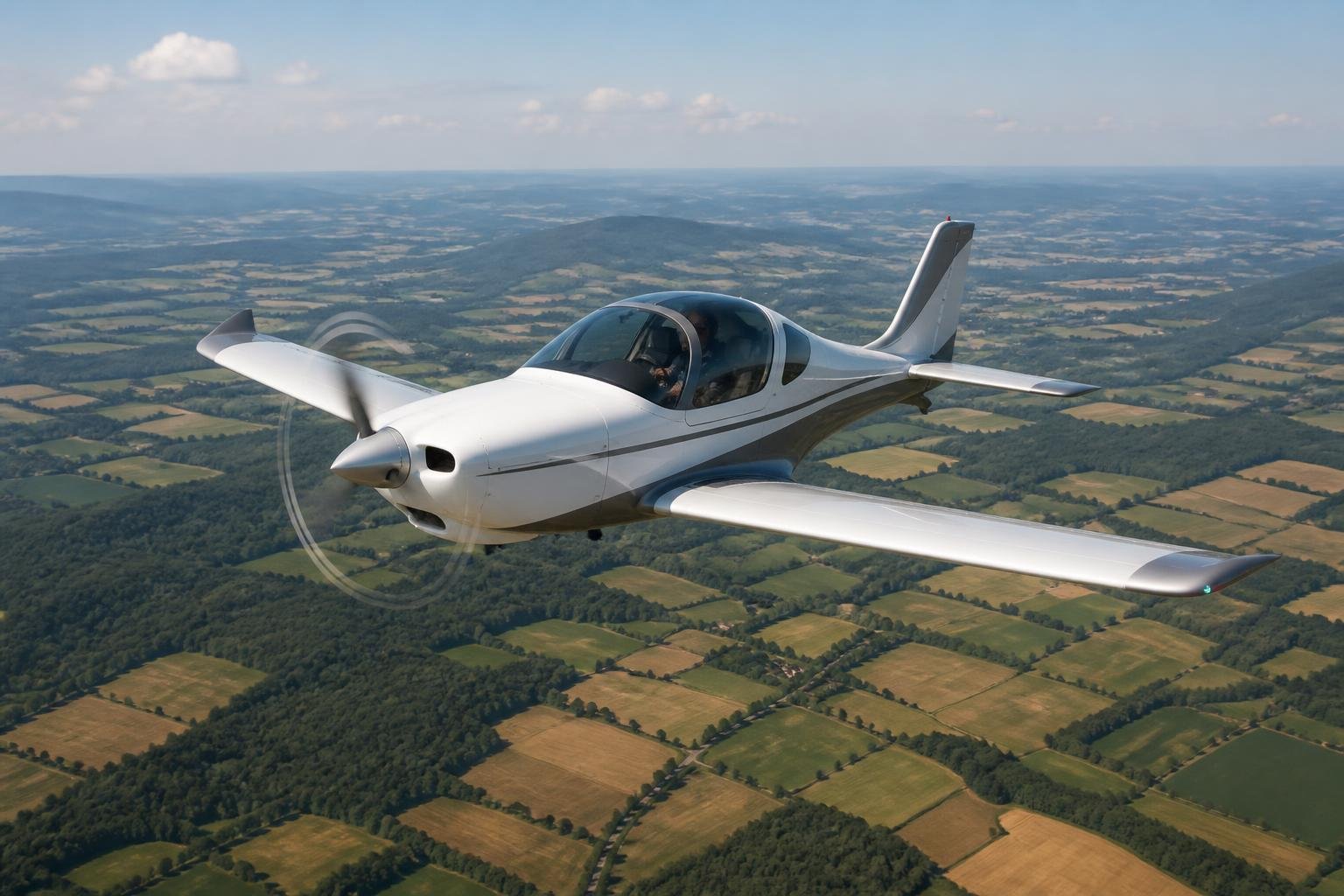 Van's RV-12-style aircraft flying over countryside