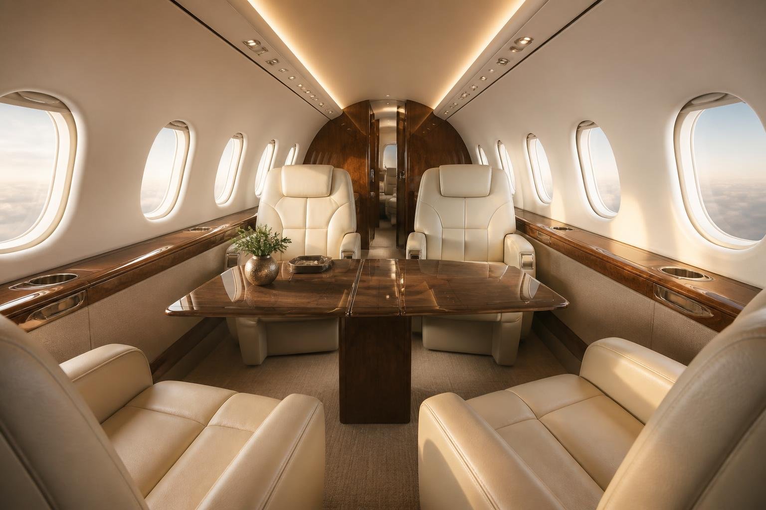 Spacious and luxurious interior cabin of a Hawker 800XP private jet with cream leather club seats and mahogany wood tables.