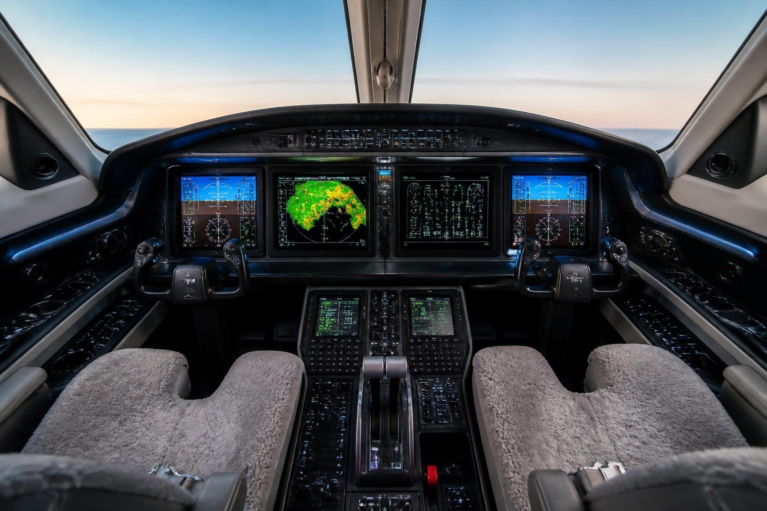 A detailed view of a Hawker 800XP flight deck featuring the digital Collins Pro Line 21 avionics glass cockpit.