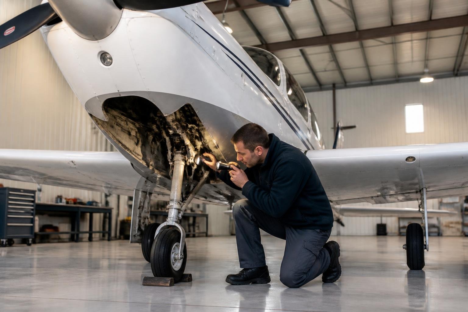 Mechanic inspecting retractable landing gear on a Piper Lance-style aircraft