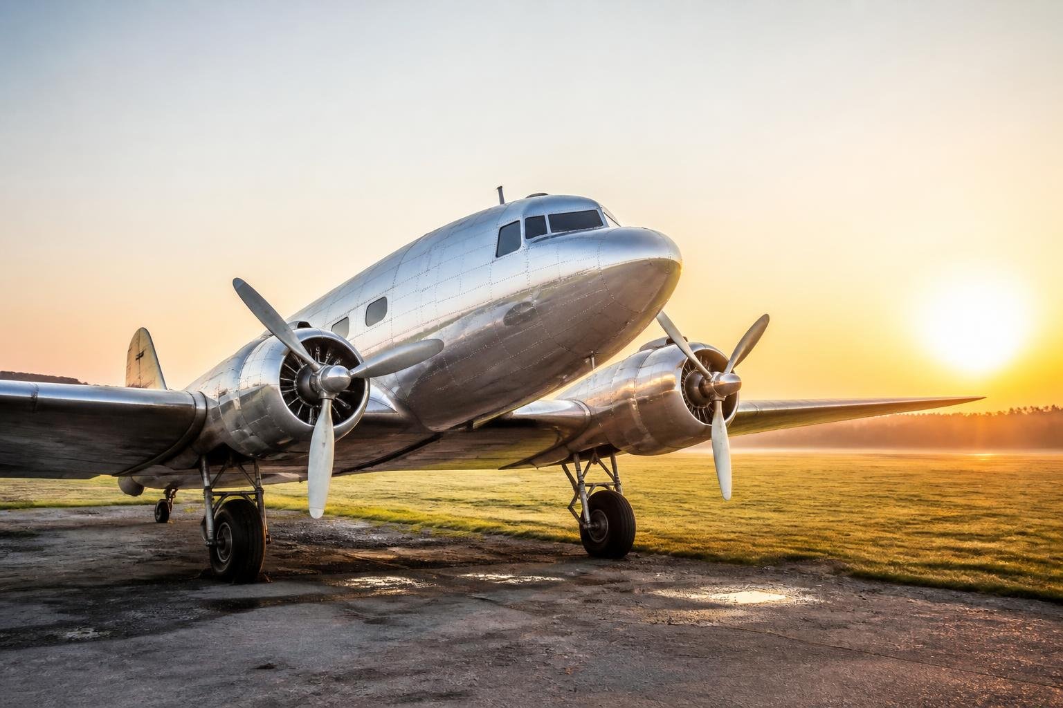 Classic twin-engine tailwheel aircraft on an airfield apron at sunrise
