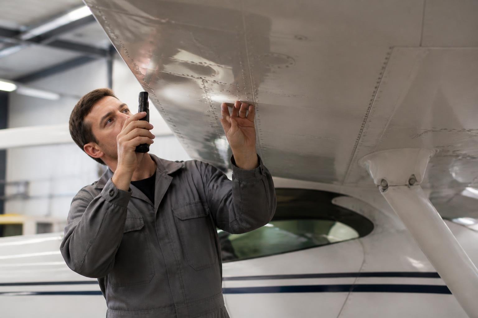 Technician inspecting a light aircraft wing underside for corrosion