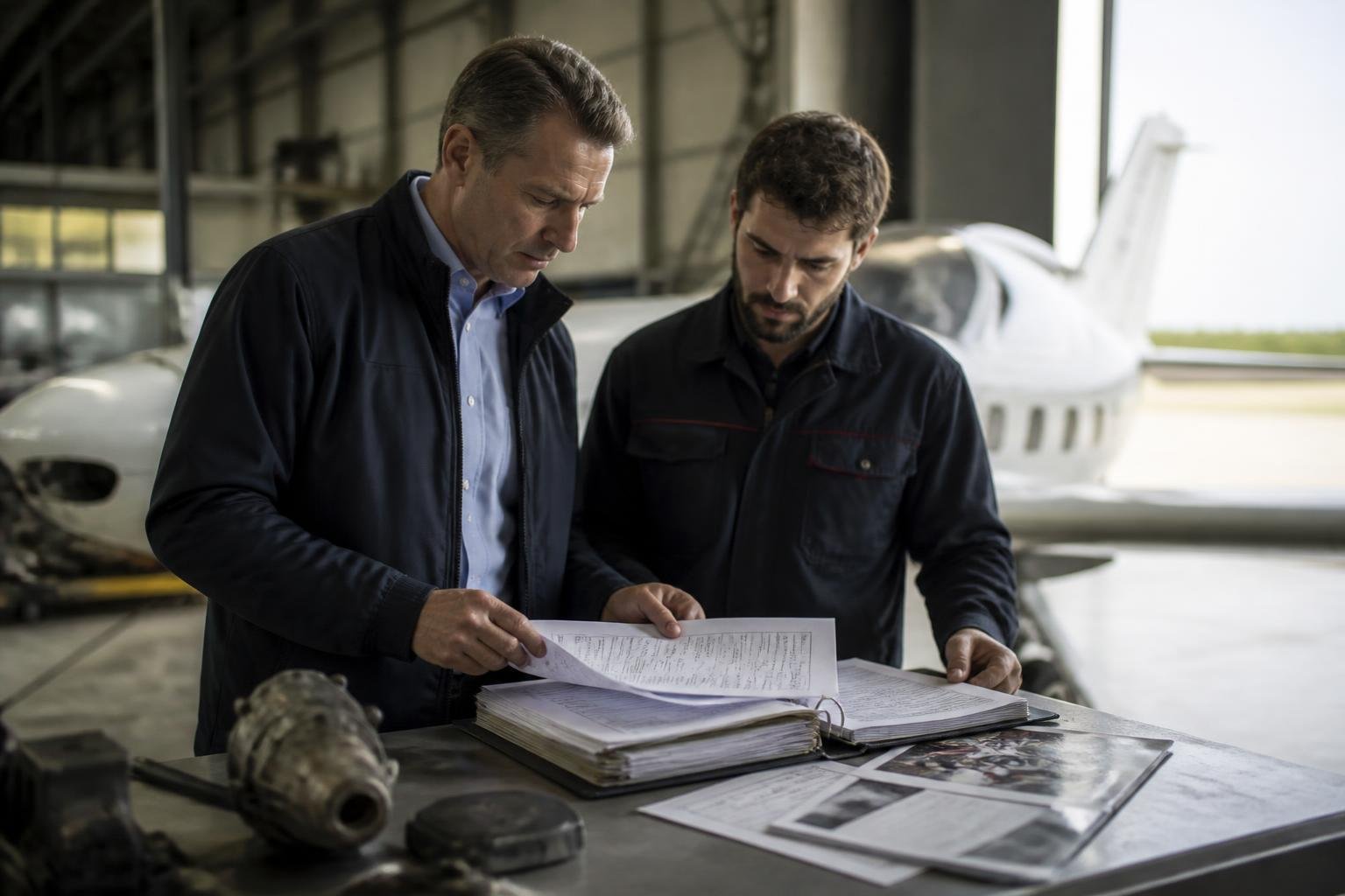Buyer and technician reviewing aircraft maintenance records in a hangar
