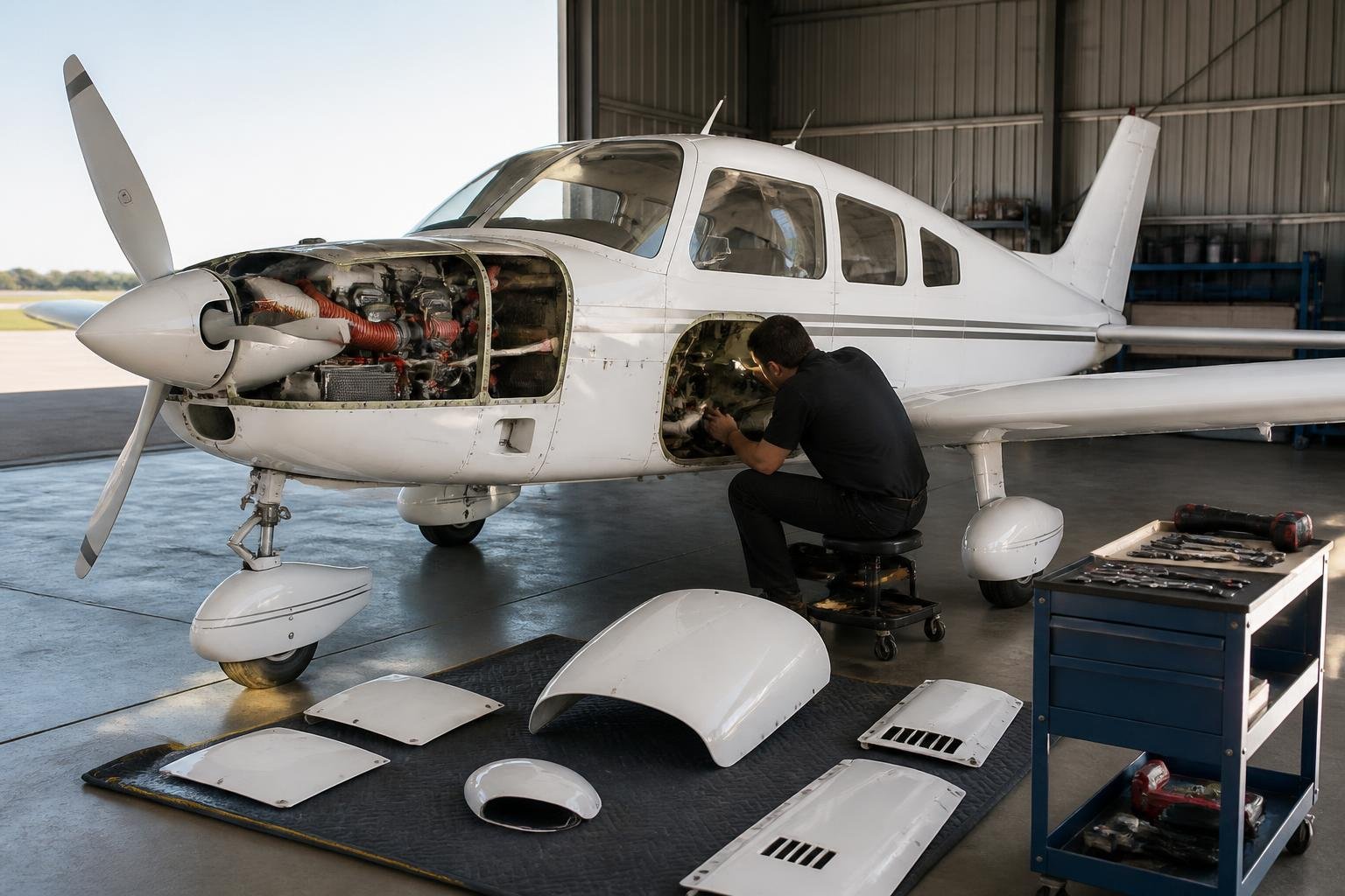 Pre-purchase aircraft inspection with access panels removed in a hangar