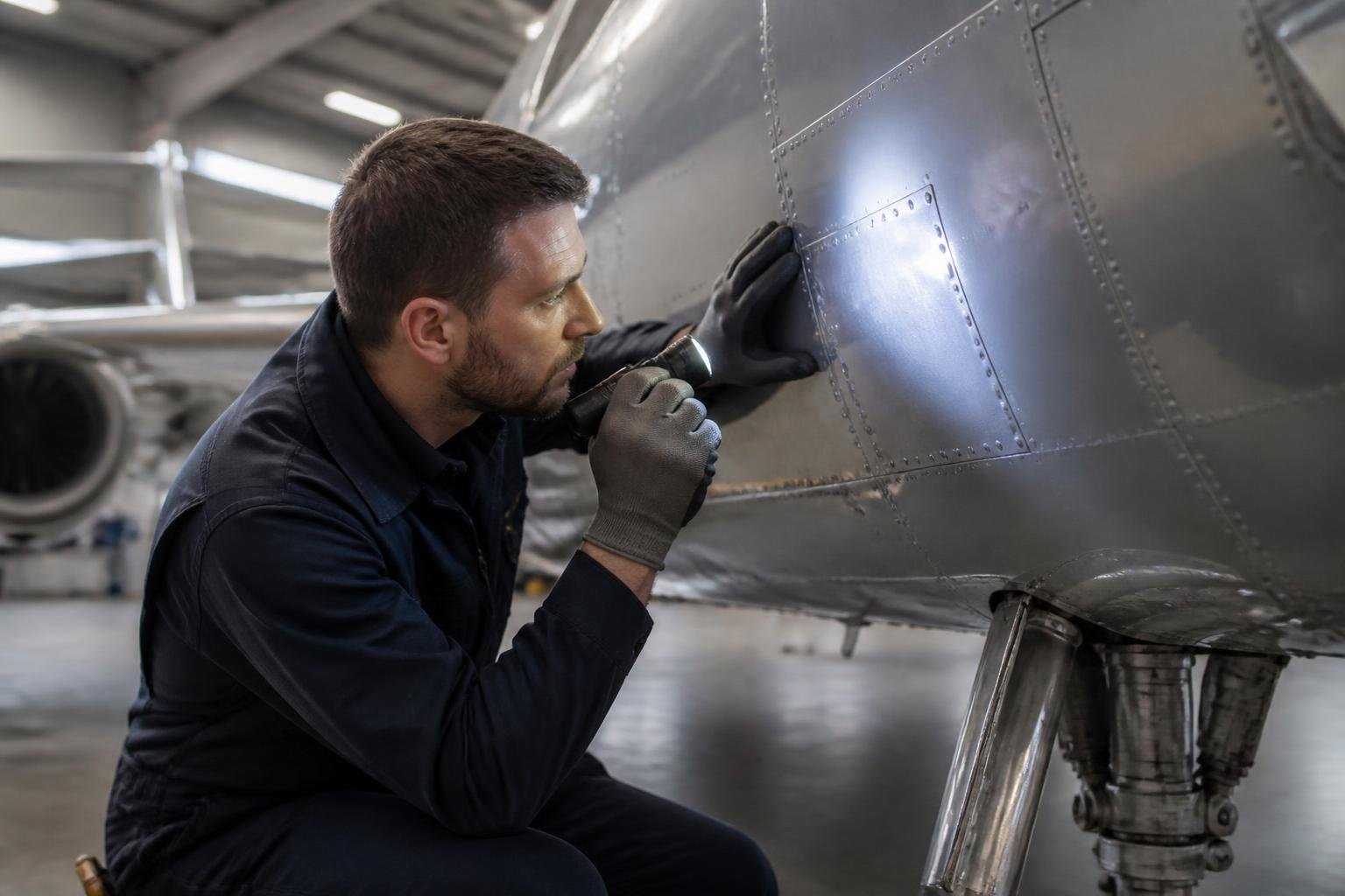Mechanic inspecting a repaired aircraft fuselage panel