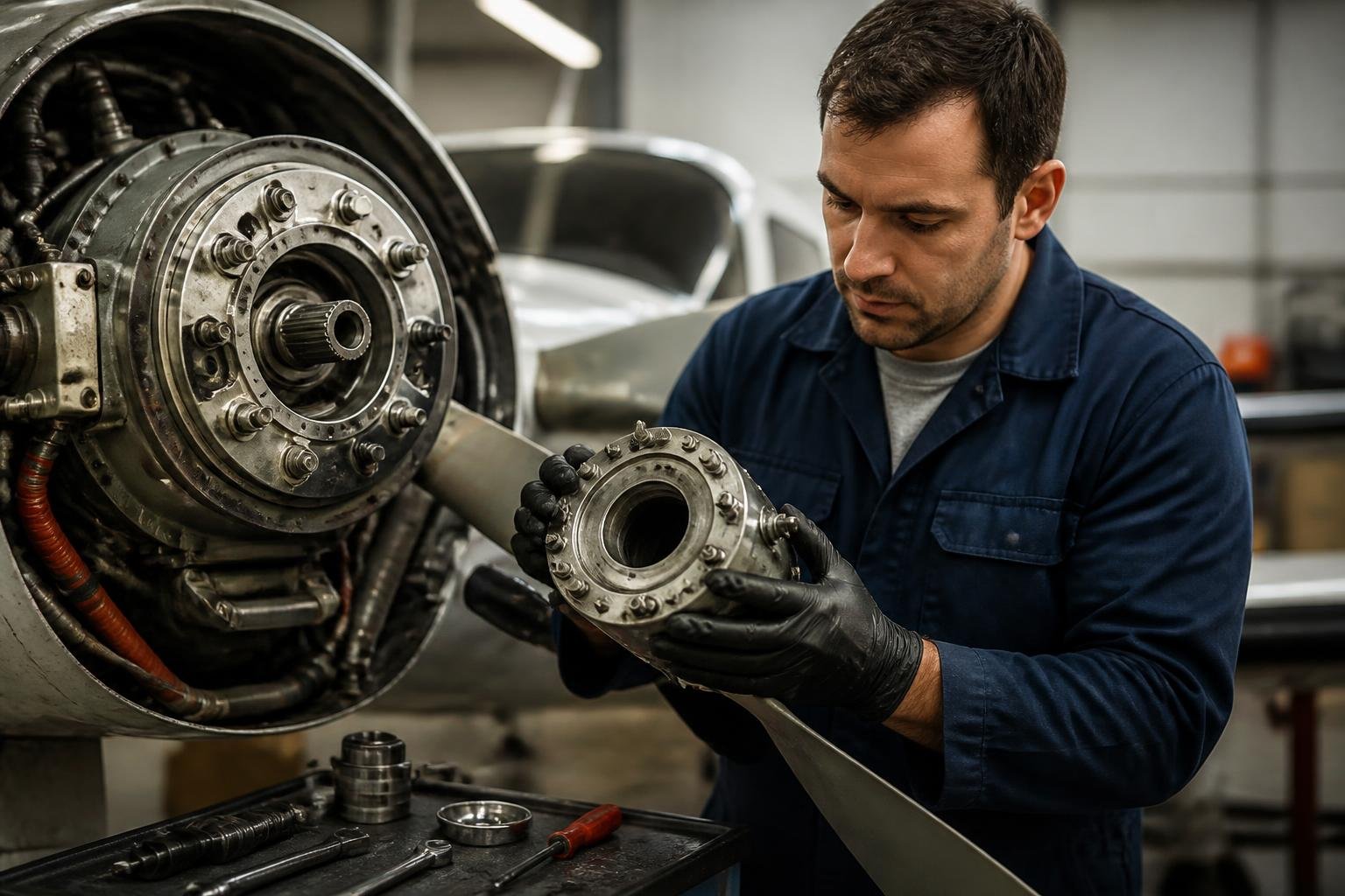 Mechanic examining aircraft propeller and engine-mount area