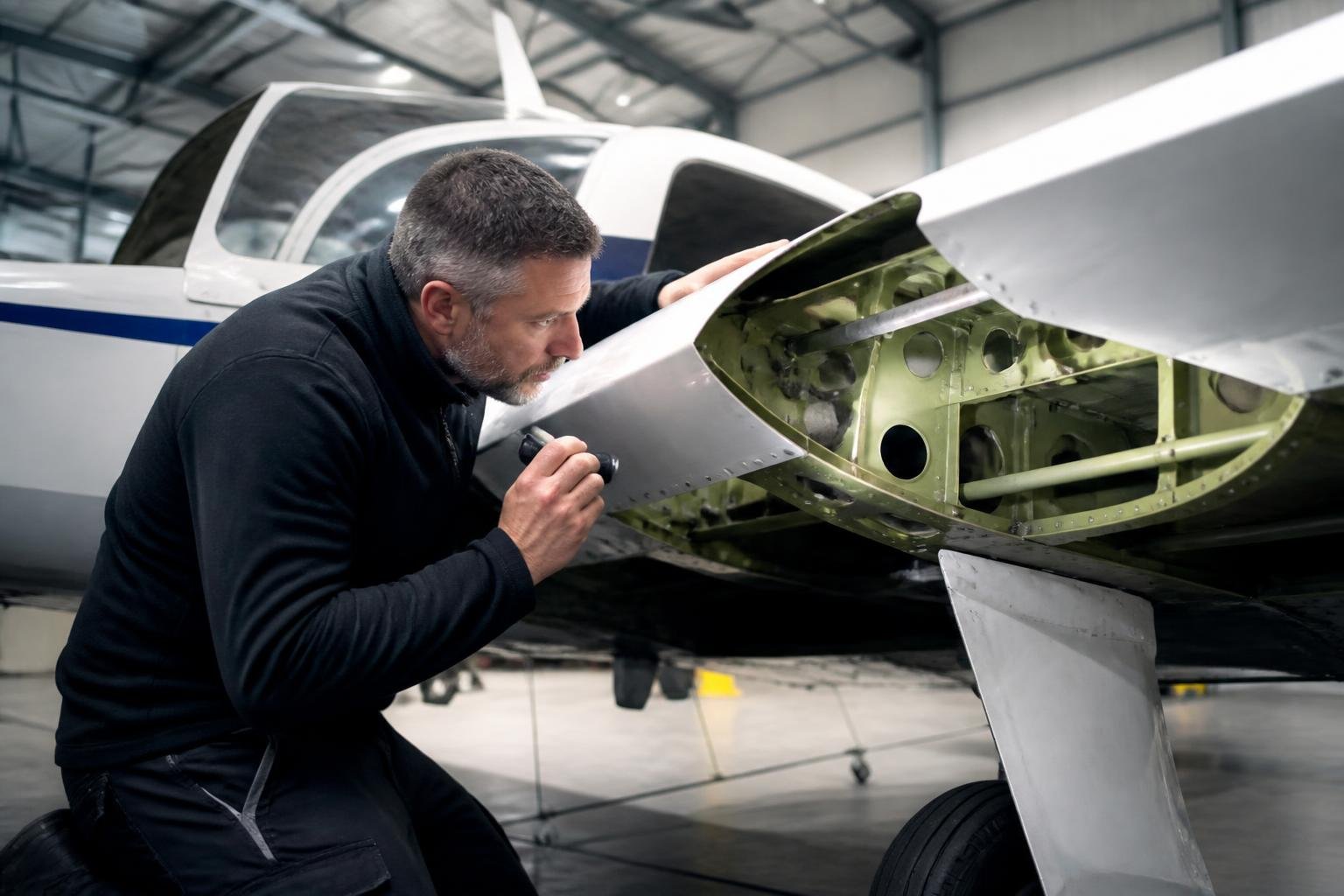 Technician inspecting aircraft wing-root structure