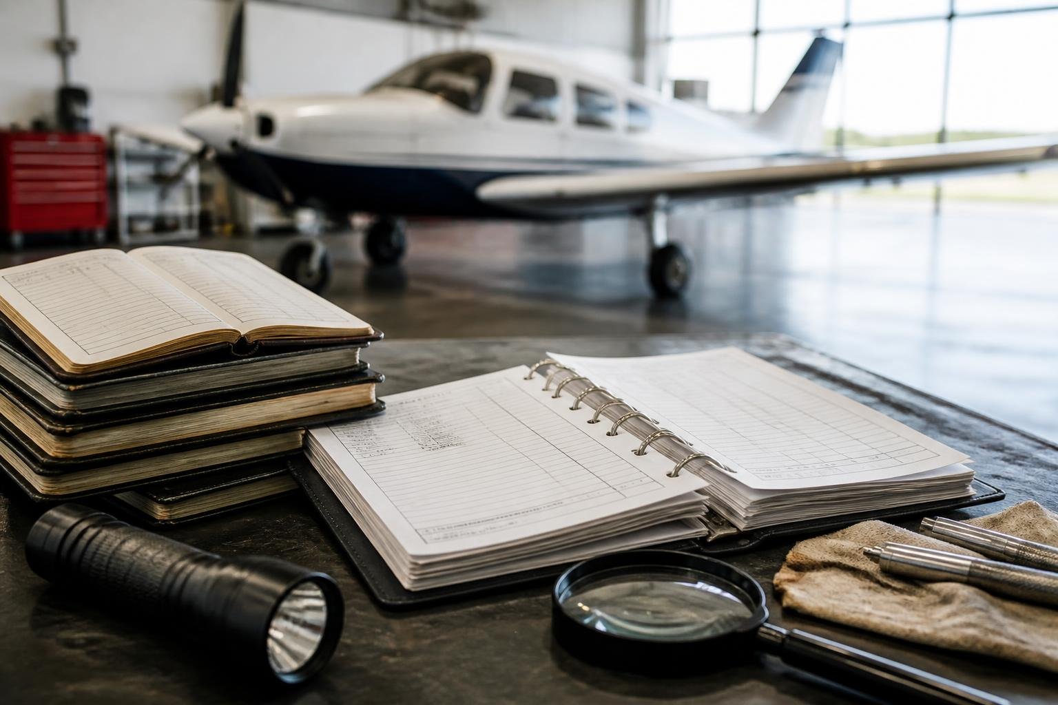 Aircraft maintenance records and inspection tools on a workbench