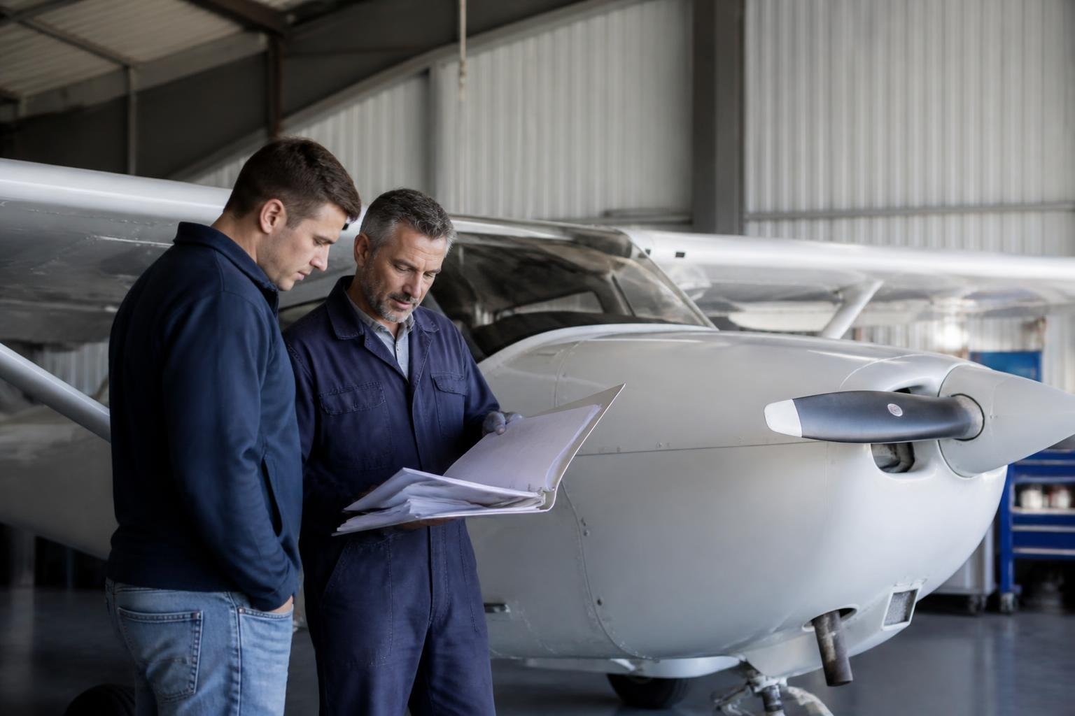Buyer and mechanic reviewing aircraft records in a hangar