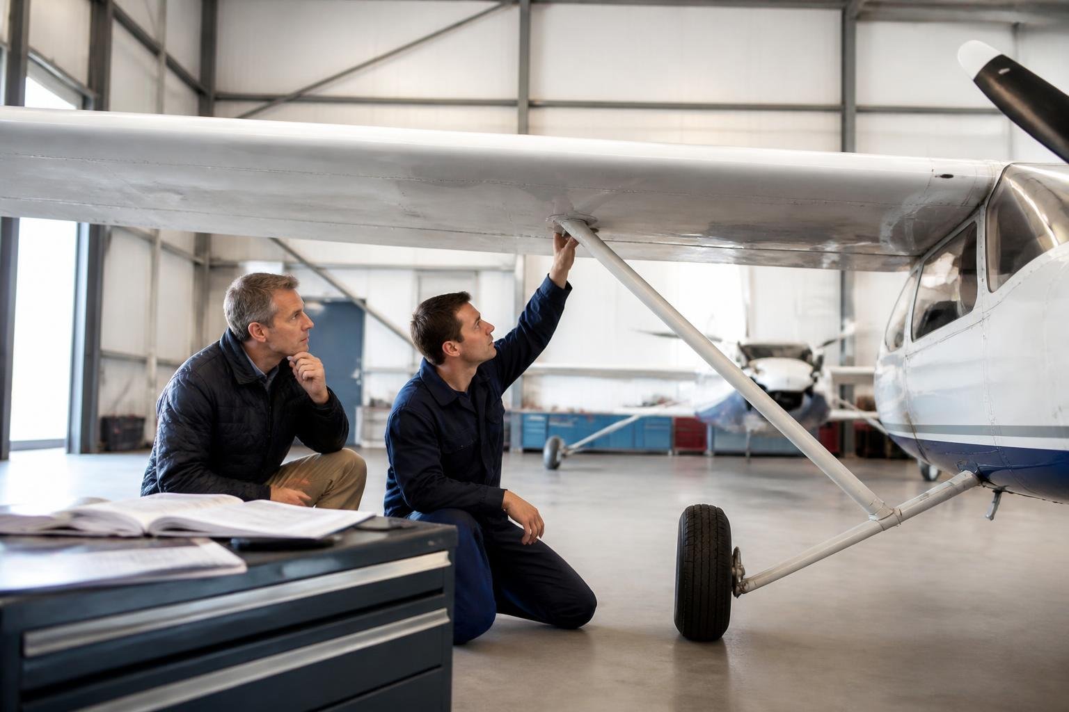 Buyer and technician reviewing a light aircraft during a hangar inspection