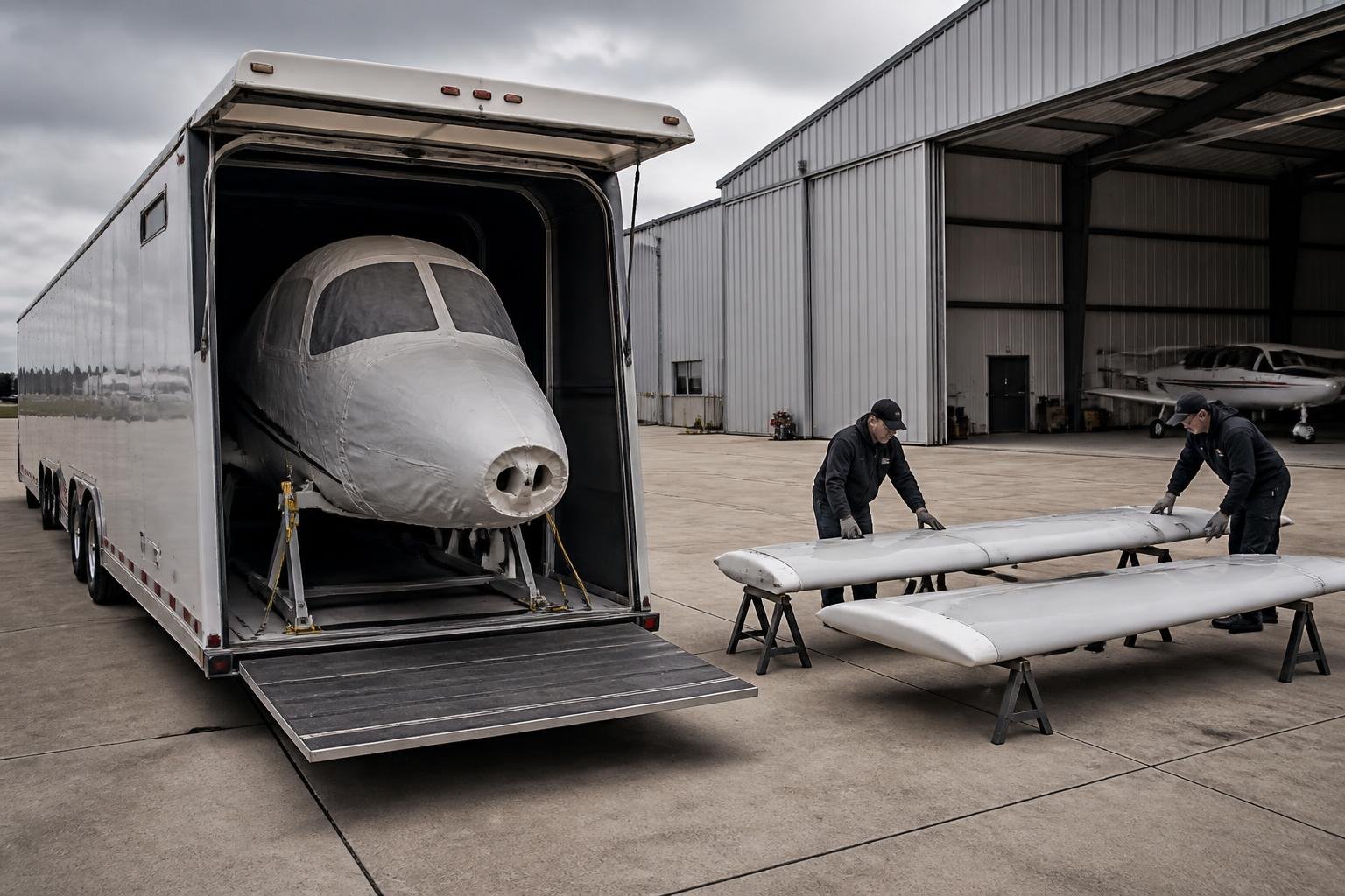 Light aircraft prepared for specialist road transport