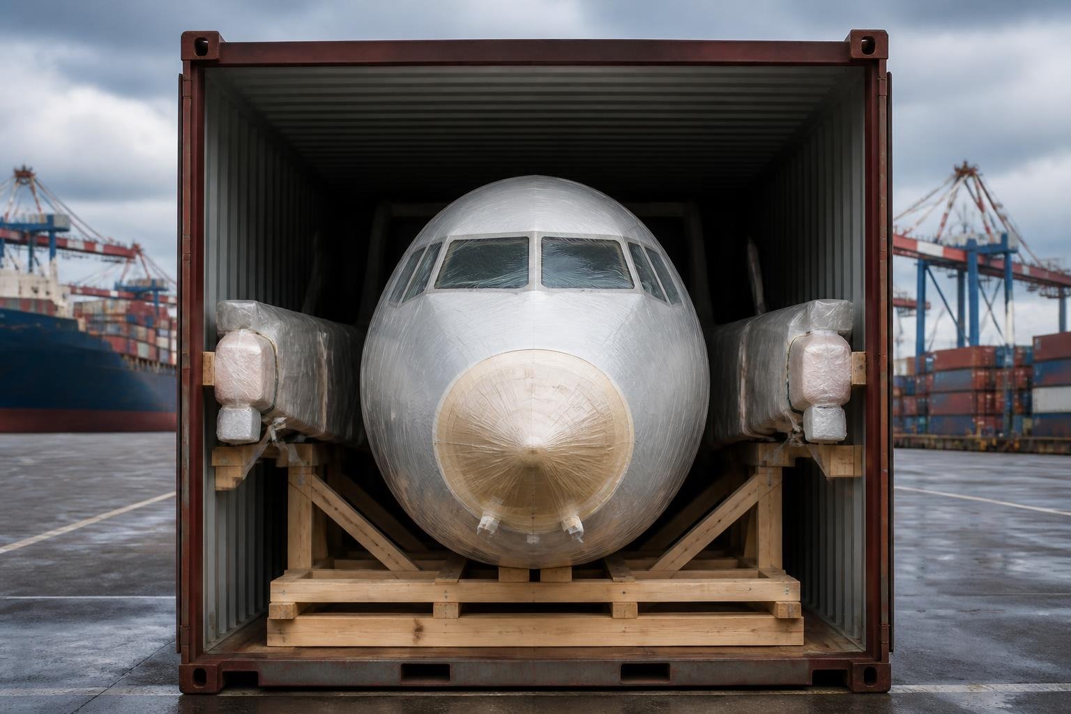 Aircraft components secured for overseas sea freight