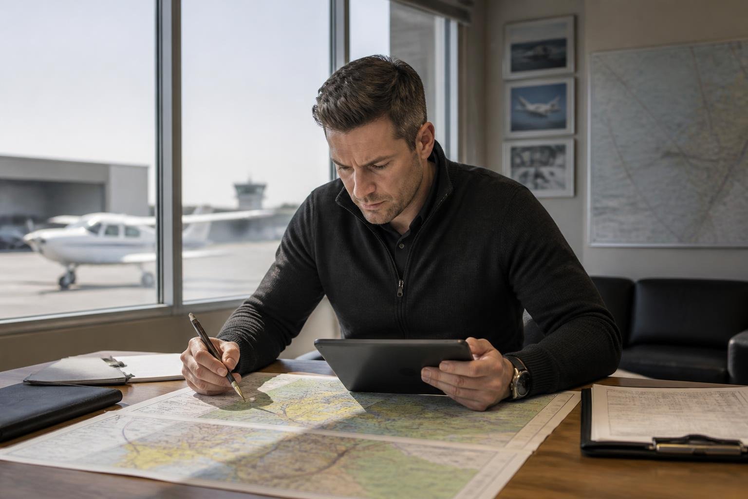 Professional pilot reviewing delivery planning documents