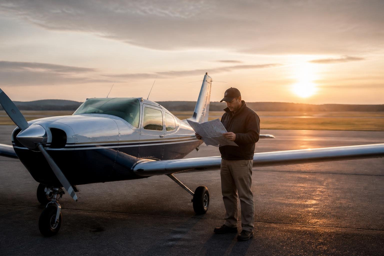 Ferry pilot preparing a light aircraft for a delivery flight
