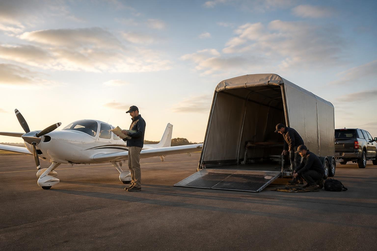 Light aircraft beside a covered transport trailer during delivery planning