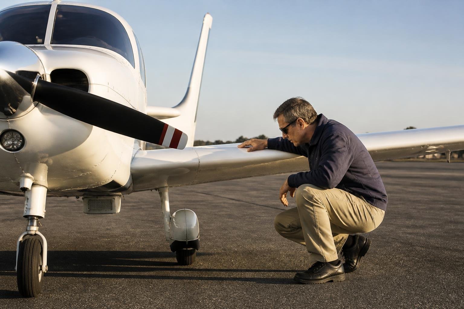 Ferry pilot inspecting a light aircraft before a delivery flight