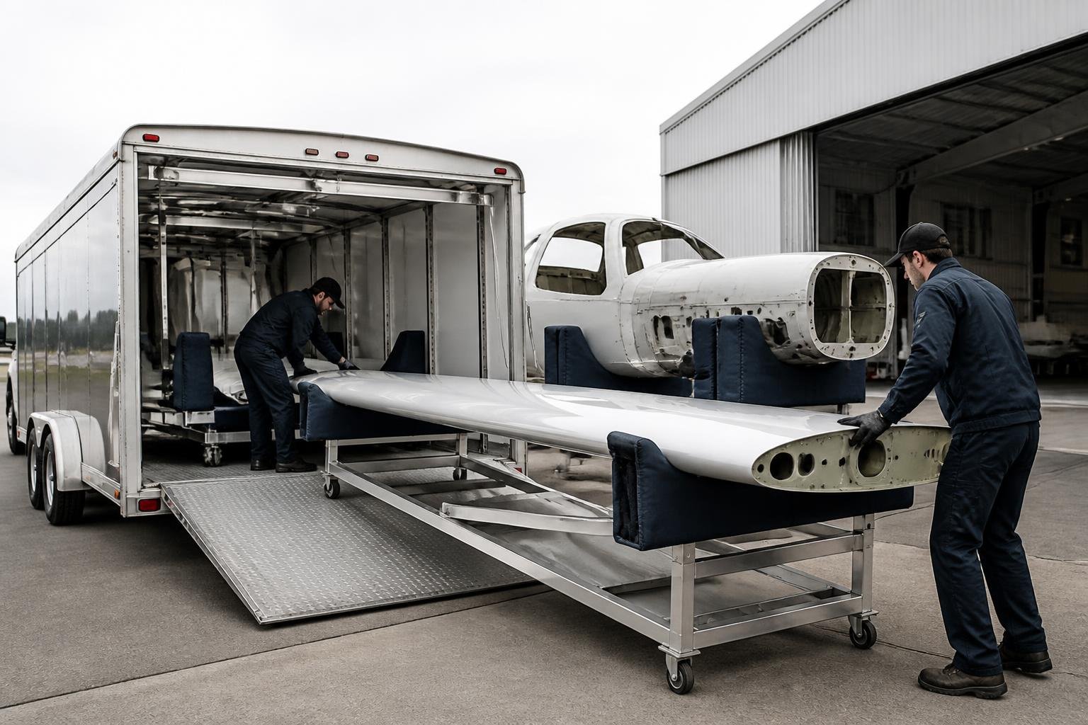 Aircraft components being loaded into an enclosed specialist trailer