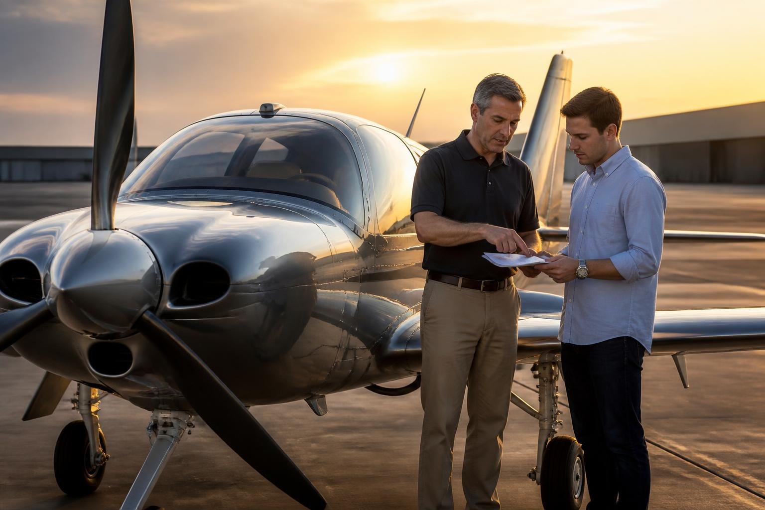 Flight instructor briefing an owner before aircraft transition training