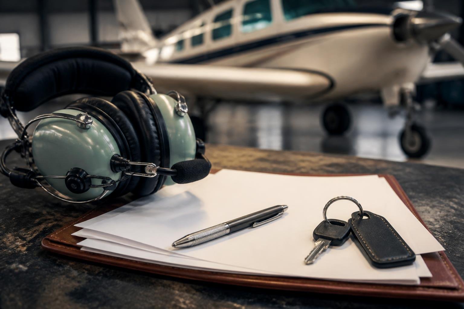 Aircraft purchase and insurance planning materials on a hangar workbench