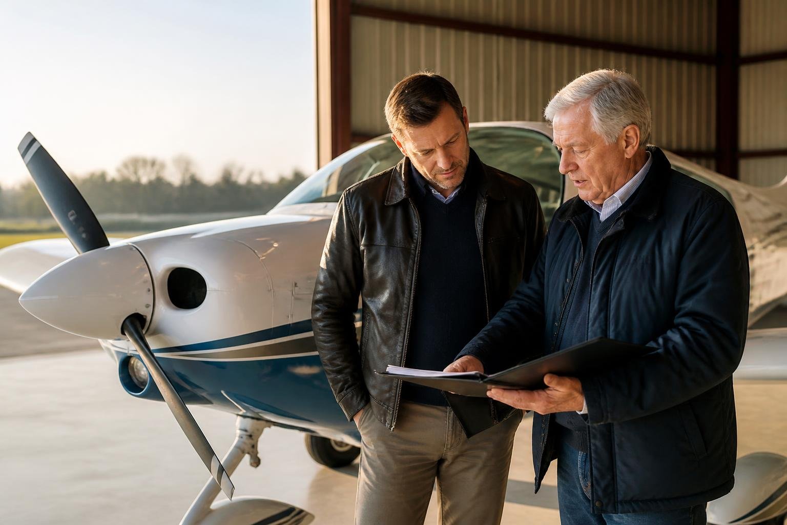 Buyer reviewing insurance documents beside a light aircraft in a hangar