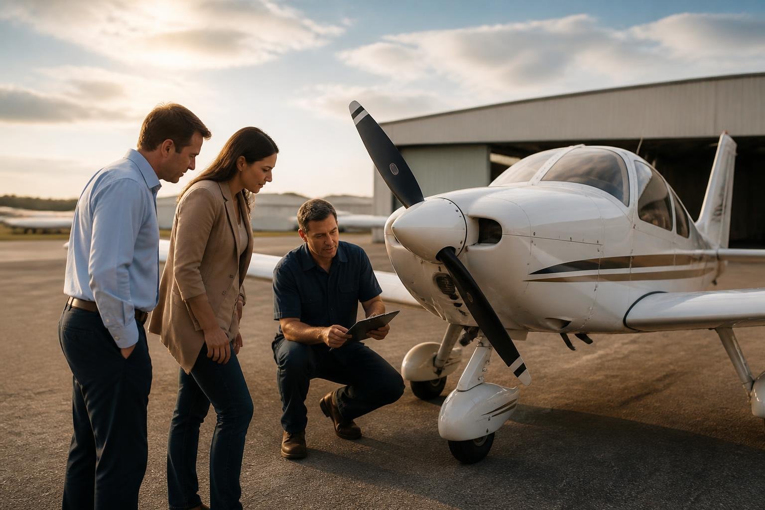 Buyers and technician reviewing a modified light aircraft