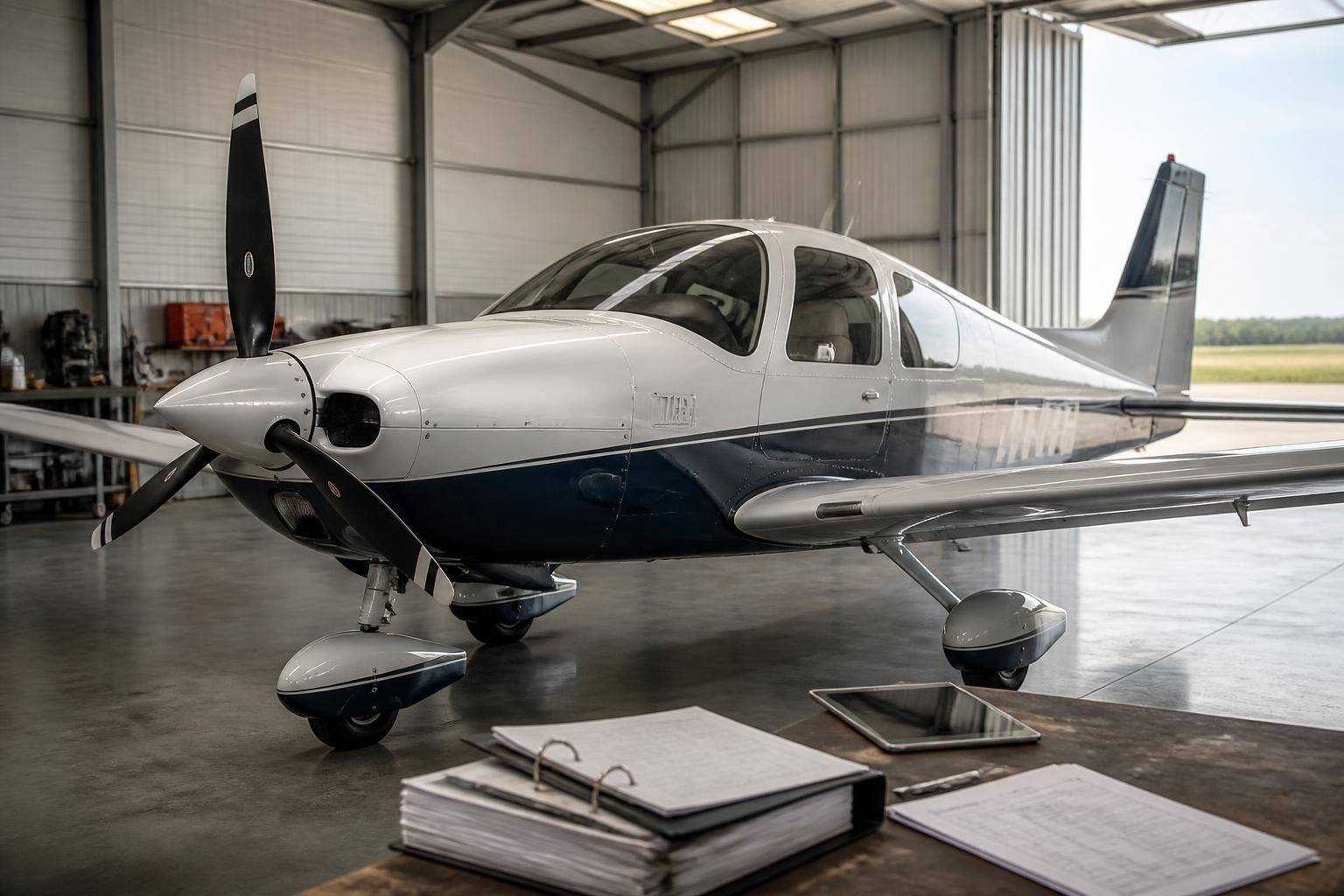 Light aircraft in a hangar beside maintenance records