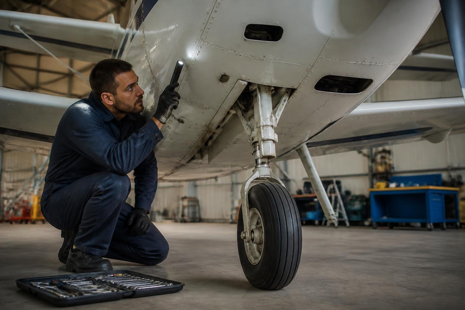 Landing gear and lower fuselage inspection in a hangar