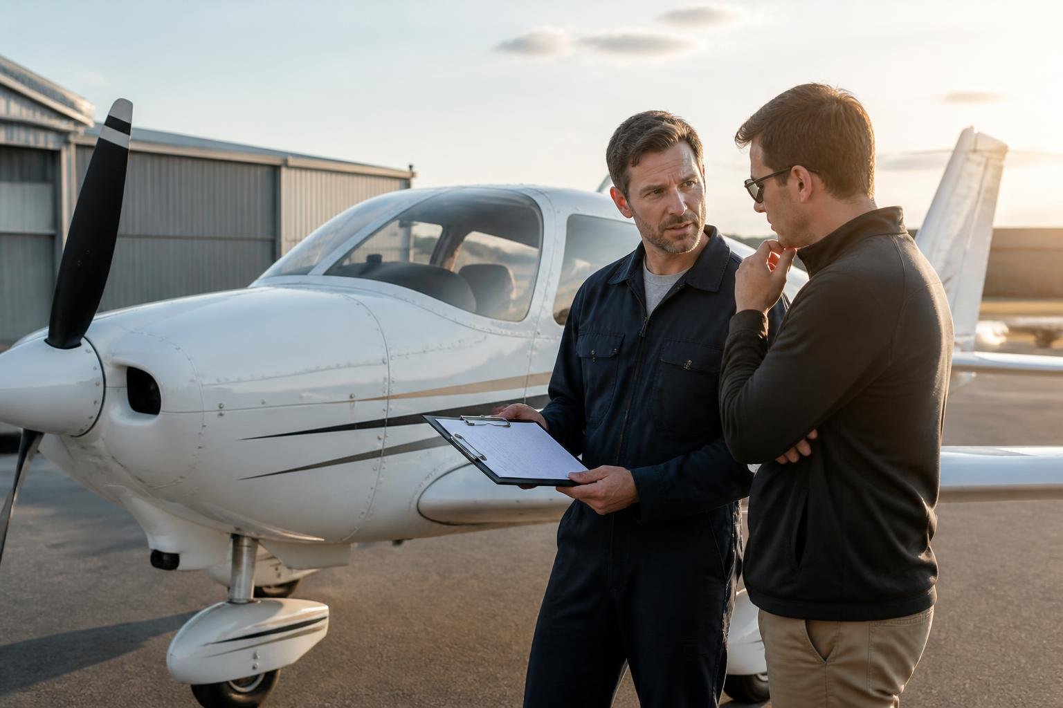 Buyer and independent mechanic planning an aircraft inspection