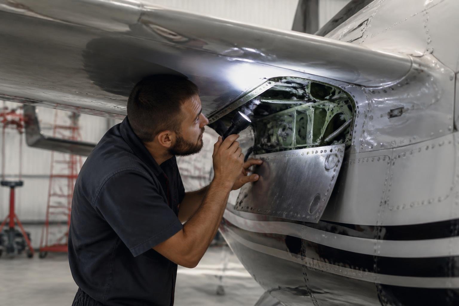 Mechanic examining aircraft structure during a maintenance inspection
